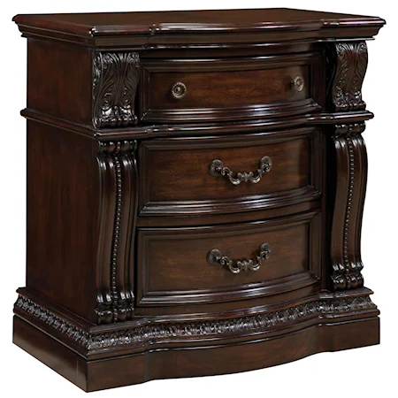 3 Drawer Nightstand with Acanthus Leaf Carvings & Bead String Details